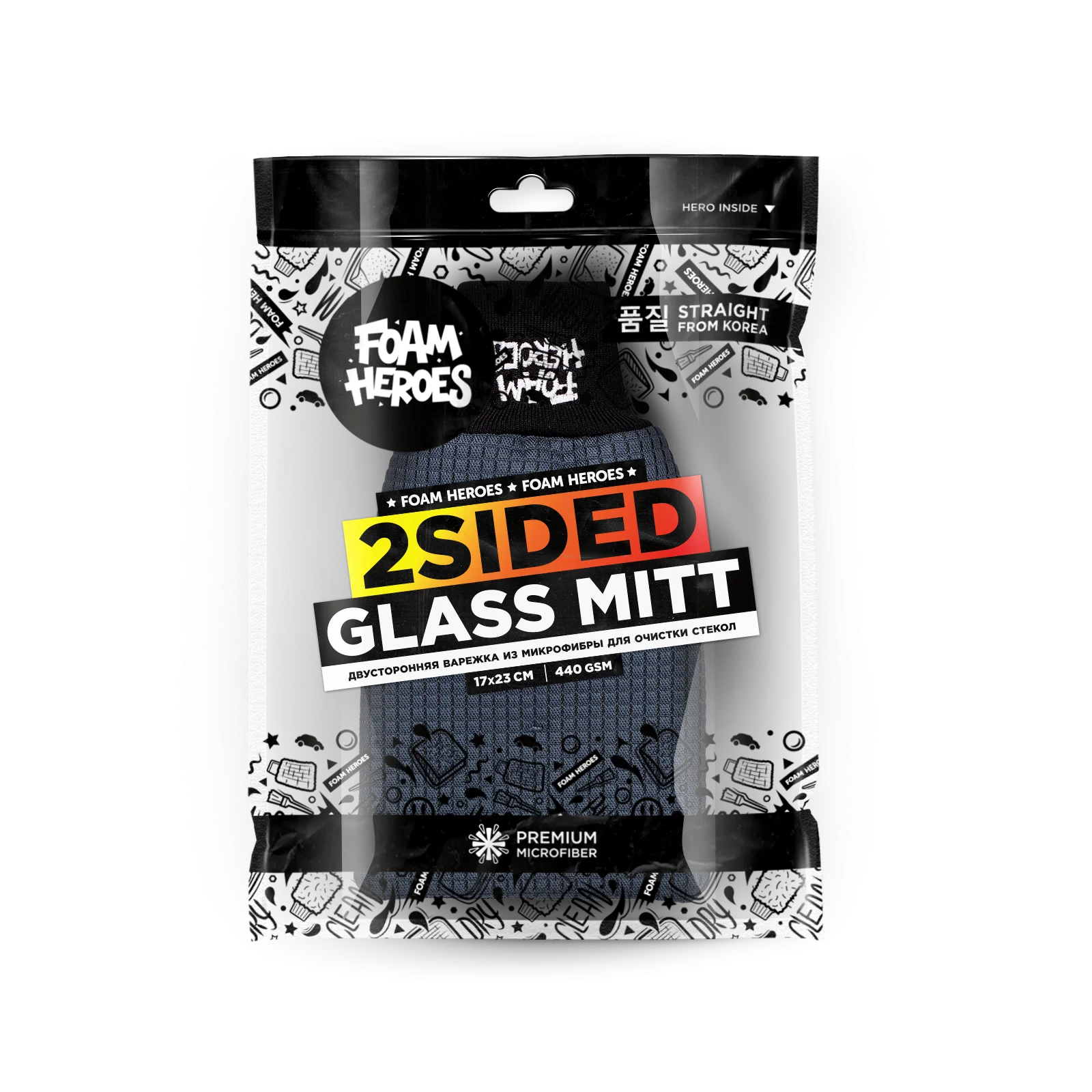 Двусторонняя варежка для очистки стекол Foam Heroes 2Sided Glass Mitt 17х23sm 440gsm фото