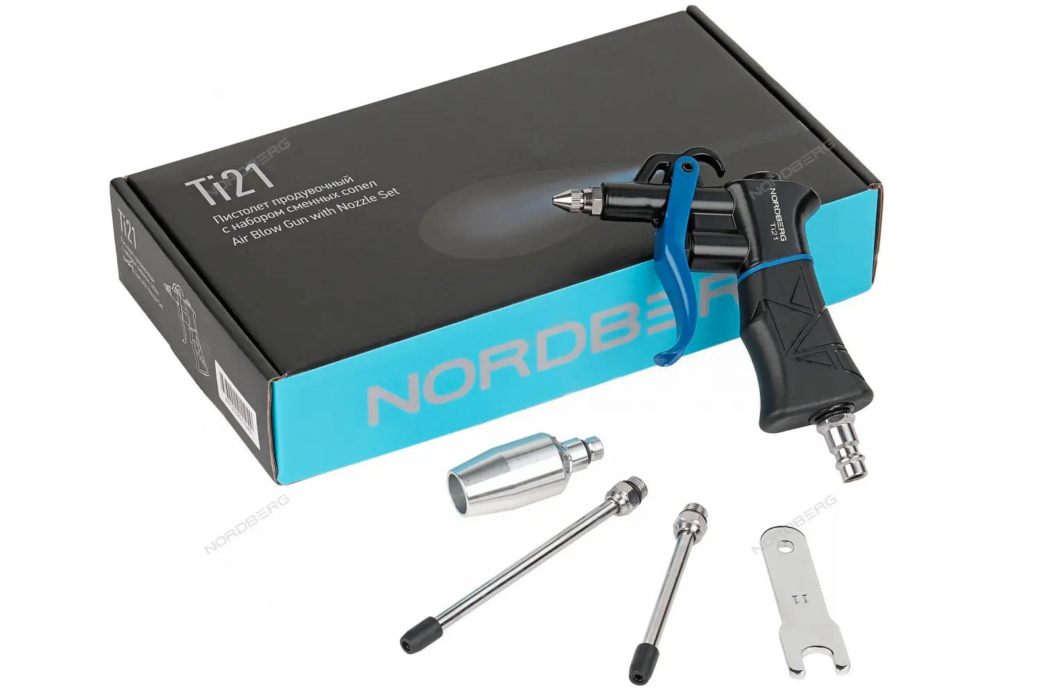 Каталог товаров Все Для Автомоек-Пистолет продувочный с набором сменных сопел Nordberg Ti21 Пистолет продувочный с набором сменных сопел Nordberg Ti21 фото