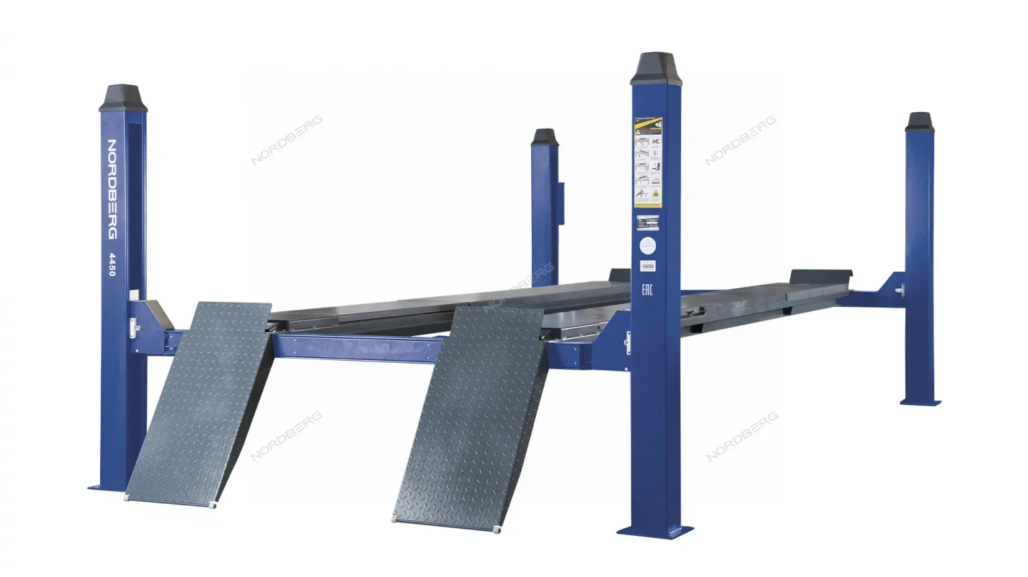 Каталог товаров Все Для Автомоек-Подъемник четырехстоечный 5 т, без траверсы, для сход-развала, механическое снятие, синий Nordberg 4450_MB Подъемник четырехстоечный 5 т, без траверсы, для сход-развала, механическое снятие, синий Nordberg 4450_MB фото